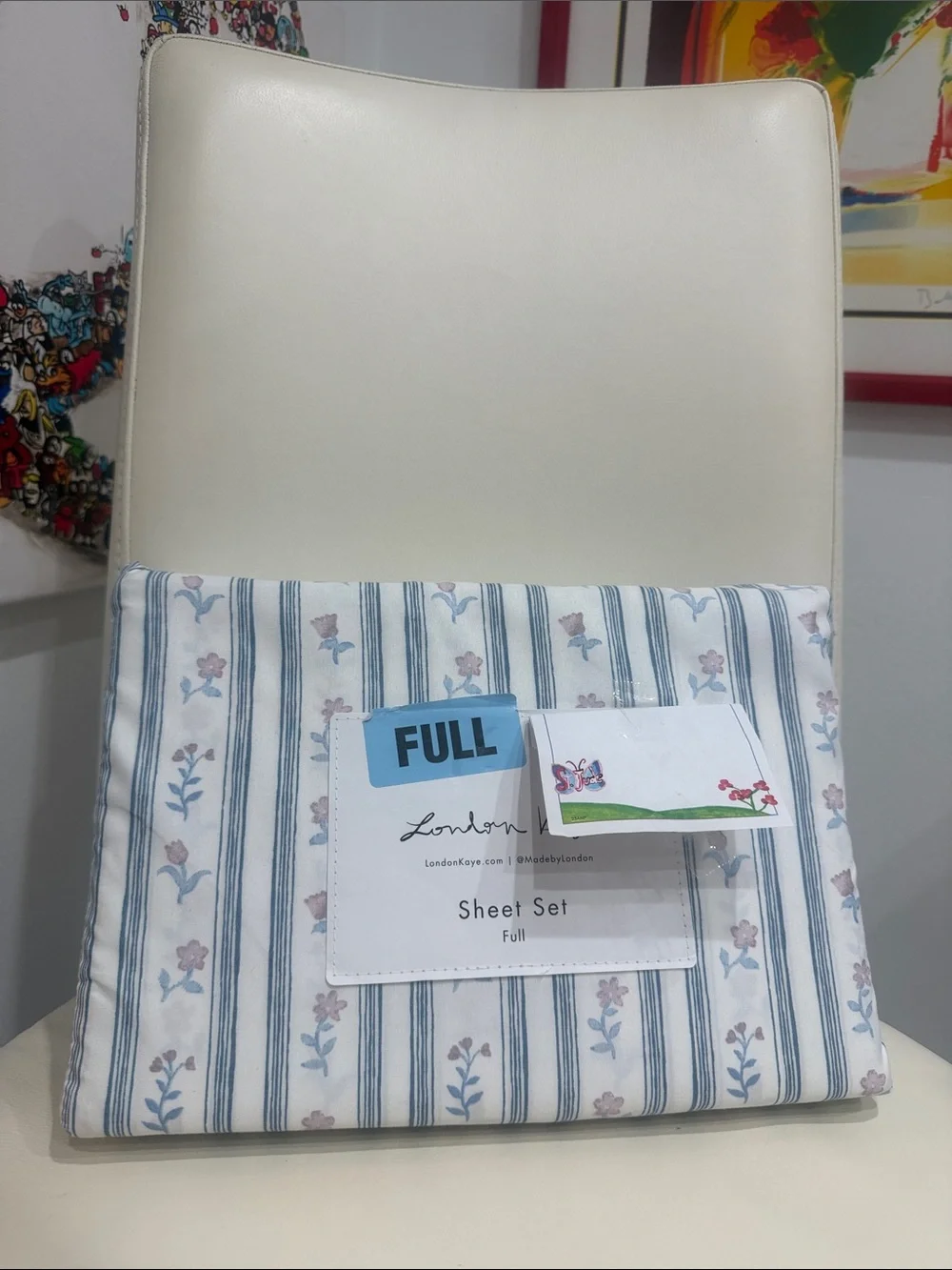 London Kaye Full Floral Stripe Sheet Set in Blue/Pink and White